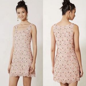 NEW Anthropologie beaded embroidered scalloped shift dress women’s size 8‎